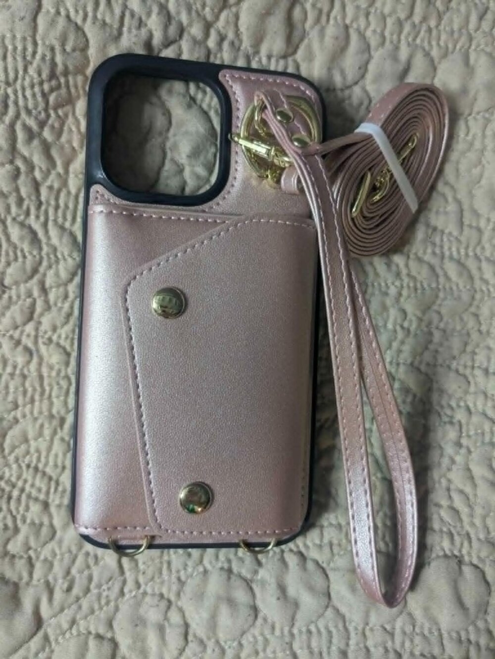 iPhone 14  rose gold faux leather crossbody wallet phone case